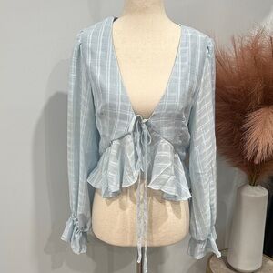 MABLE Light Blue Plaid Tie-Front Blouse